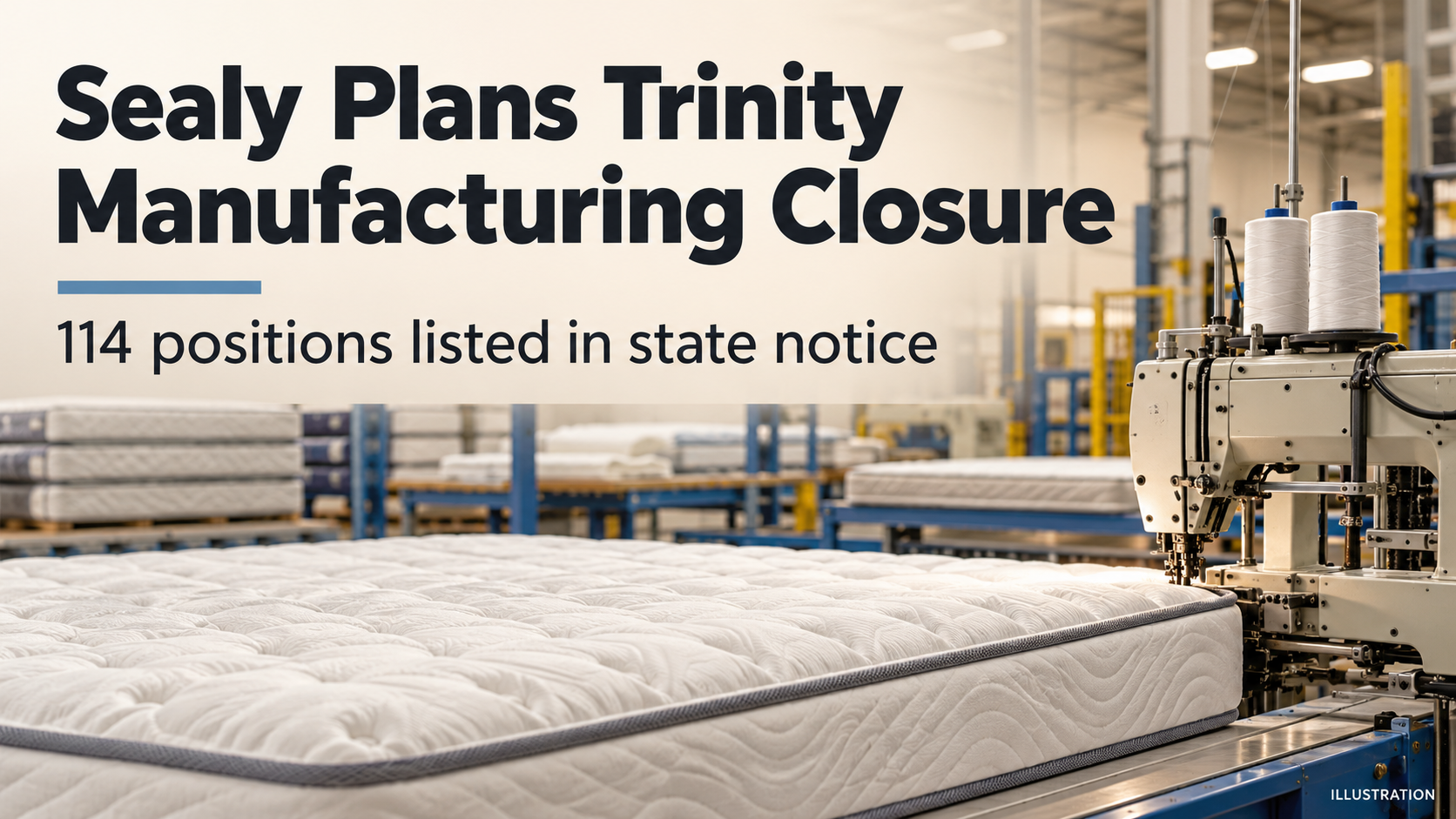 Illustration of generic mattress-production equipment beside the headline “Sealy Plans Trinity Manufacturing Closure” and the note “114 positions listed in state notice.”