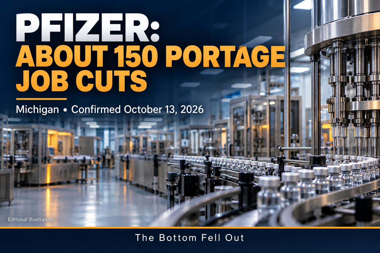 Editorial illustration: PFIZER: ABOUT 150 PORTAGE JOB CUTS — Michigan • Confirmed October 13, 2026