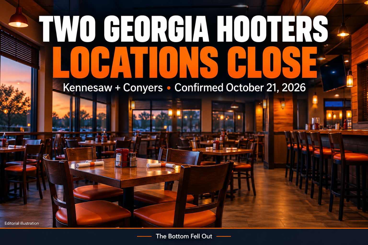 Editorial illustration: TWO GEORGIA HOOTERS CLOSE — Kennesaw + Conyers • Confirmed October 21, 2026