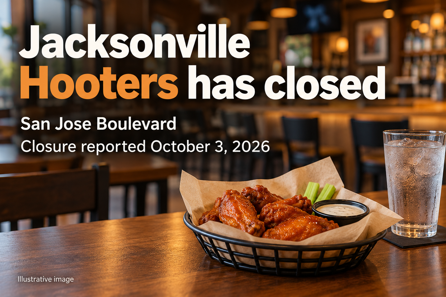 Illustrative empty sports-bar dining room, not a photograph of the closed Jacksonville Hooters
