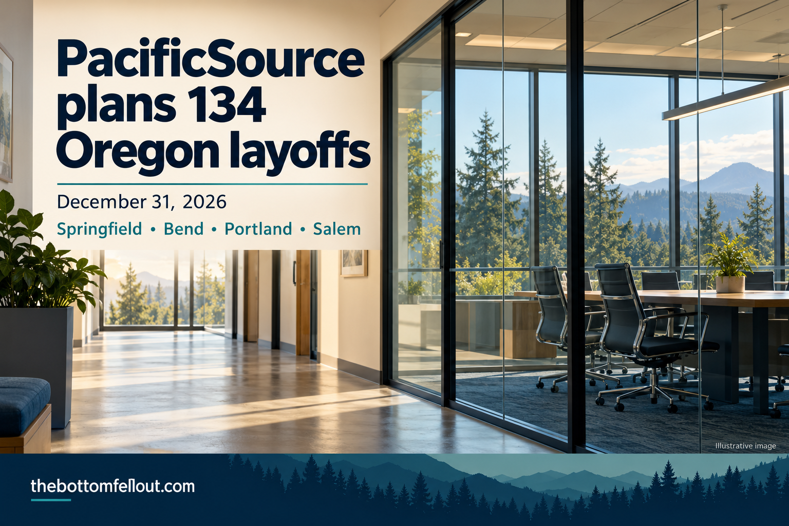 Illustrative graphic, not a photograph of the event: PacificSource plans 134 Oregon layoffs for December 31