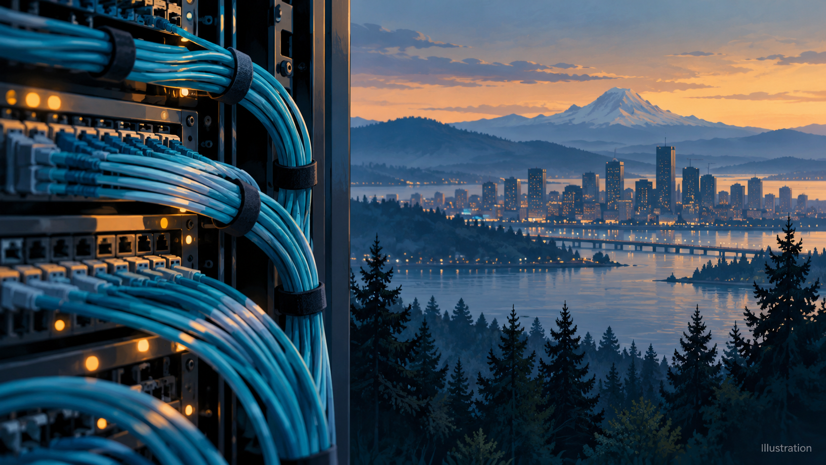 Illustration of telecommunications network equipment and cables, not an actual Comcast worksite.