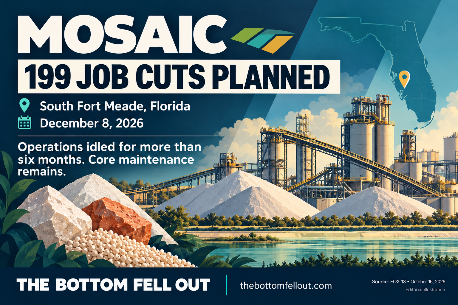 Illustrative graphic for: Mosaic plans 199 job cuts during South Fort Meade idling