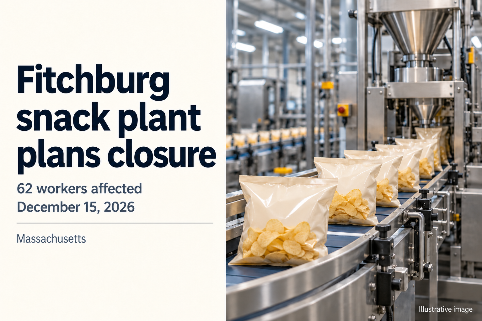 Illustrative snack-production conveyor, not a photograph of the Fitchburg facility