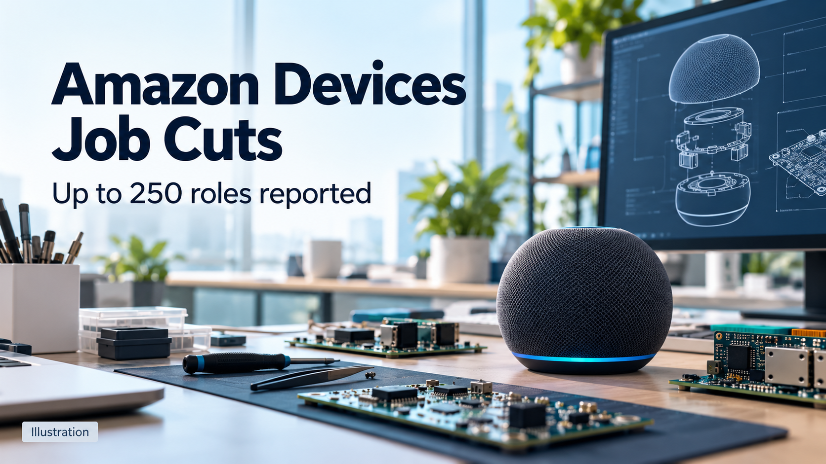 Illustration of a smart-device engineering workbench. Headline: Amazon Devices Job Cuts. Up to 250 roles reported.
