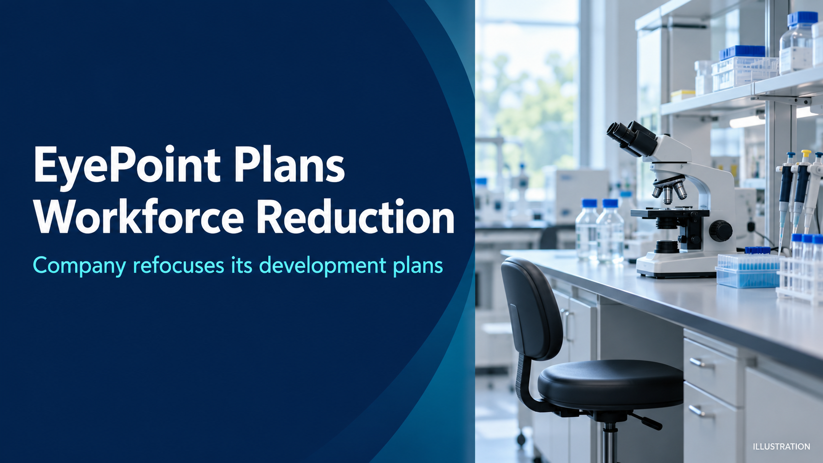 Illustration of a generic biotech laboratory beside the headline “EyePoint Plans Workforce Reduction” and the subheading “Company refocuses its development plans.”