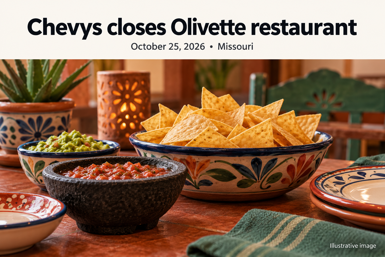 Illustrative Mexican-restaurant dining room, not a photograph of Chevys in Olivette