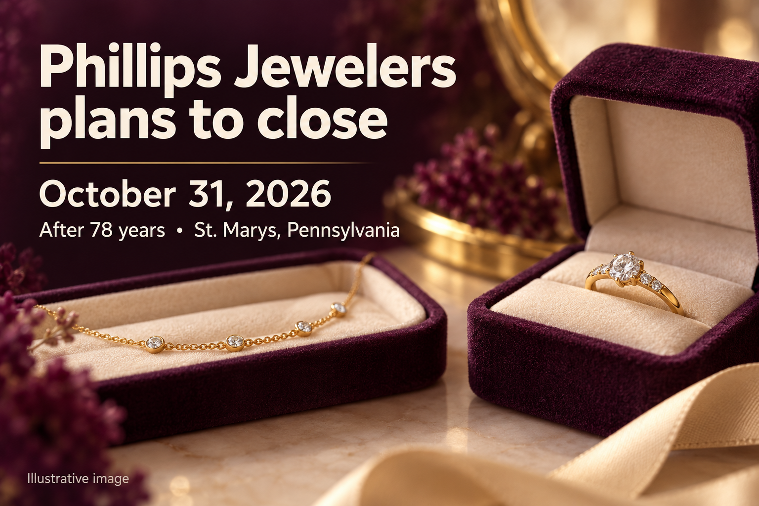 Illustrative jewelry-store display, not a photograph of Phillips Jewelers