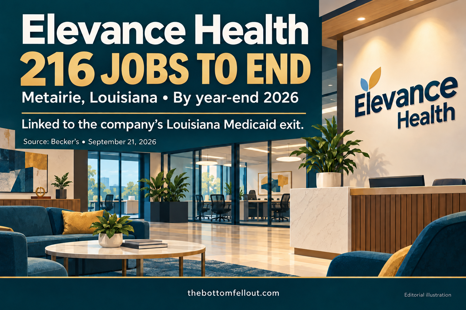 Illustrative graphic for: Elevance plans 216 Metairie job cuts during Louisiana Medicaid exit