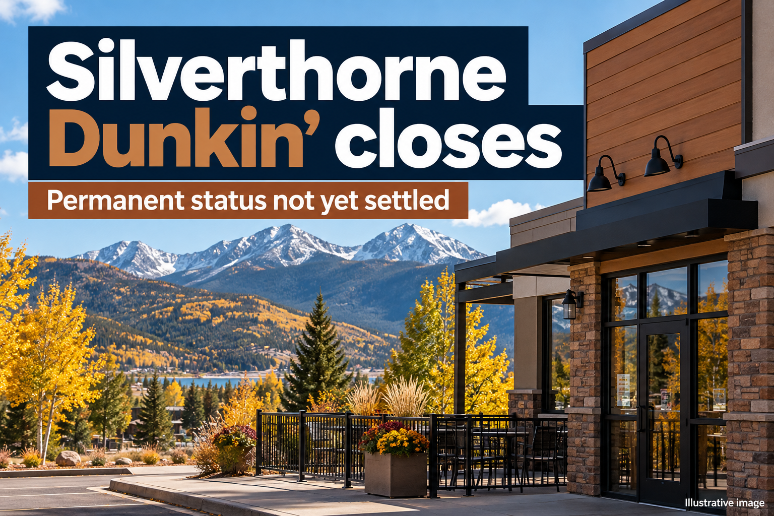 Illustrative mountain-town café with the headline Silverthorne Dunkin’ closes; permanent status not yet settled